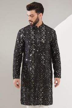 Black kurta with mirror work and heavy thread and foil embroidery in silk base. - Aza Fashions Traditional Straight Kurta With Sequins, Bandhgala With Mirror Work For Diwali, Traditional Festive Sequined Kurta, Diwali Bandhgala With Mirror Work Straight Kurta, Bollywood Style Festive Sherwani With Sequins, Bollywood Style Ceremonial Kurta With Gota Work, Traditional Festive Kurta With Sequins, Festival Sherwani With Sequins And Straight Kurta, Sequin Sherwani Straight Kurta For Festivals