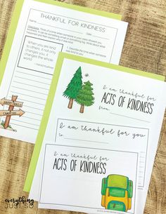 two printable acts of kindness worksheets on a wooden table with green and yellow accents