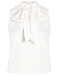 Sleeveless Satin Bow Blouse | Eloquii Fitted Tie Neck Top For Evening, Elegant Silk Tops With Bow Detail, Elegant Silk Tops With Bow, Elegant Sleeveless Tie Back Blouse, Elegant Sleeveless Tie-back Blouse, Elegant Summer Blouse With Bow, Elegant Sleeveless Blouse With Bow, Chic Silk Tops With Tie Back, Fitted White Top With Bow Tie