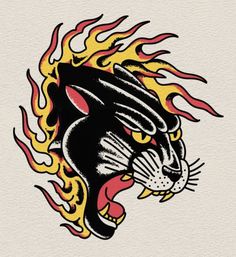 a black and yellow tiger head with flames on it's face, in the shape of a fireball