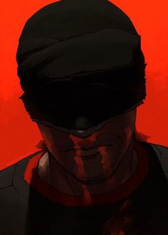 a man with a blindfold on his head in front of an orange sky and red background