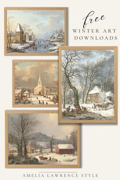 four paintings of winter scenes with the title free winter art downloadss by amelia lawrence style