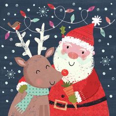 a christmas card with santa and reindeer