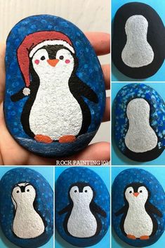 four pictures of penguins painted on rocks with different colors and shapes, including one penguin wearing a santa hat