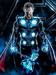 the avengers movie poster is shown in blue and red light up armor with his hands on his hips