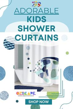 the ad for adorable kids'shower curtains is shown in blue and green colors with polka dots