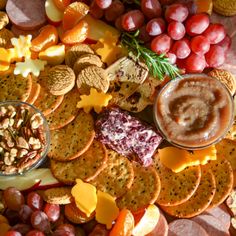 an assortment of cheeses, crackers and nuts on a platter with dip