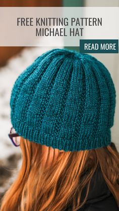 a woman wearing a knitted hat with text overlay that reads free knitting pattern michael hat read more