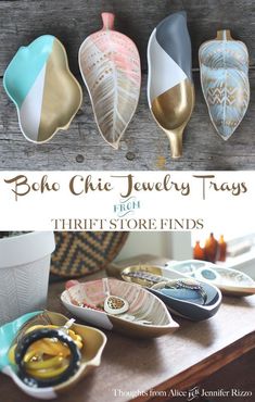 the cover of boho chic jewelry trays from thrift store finds, with gold and blue accents