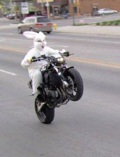 a man in bunny suit riding on the back of a motorcycle with an easter bunny costume