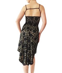 "This classic godet dress has been a part of our collection since 1998. Updated here in black stretch lace with your choice of lining colors. Simple straight front silhouette and swishy godet fishtail in back. Narrow elastic shoulder straps. Adjustable back strap for best fit. Fully lined. Size: -Front length: 22\" / 50.8cm -Back length: 30\" / 66cm -Longer lengths available on request, no additional charge. -Sizes 4 . Please see size chart below. Fabric & Care: -Easy care, no-wrinkle poly/s Fitted Lace Dress With Lace Trim For Gala, Sleeveless Fitted Lace Dress For Evening, Fitted Sleeveless Lace Dress For Evening, Fitted Lace Gala Dress, Fitted Sleeveless Lace Dress For Gala, Sleeveless Fitted Lace Evening Dress, Fitted Lace Trim Cocktail Dress, Black Lace Dress With Fitted Bodice For Gala, Fitted Midi Lace Dress