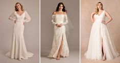 three different styles of wedding dresses with long sleeves and high slits on the sides