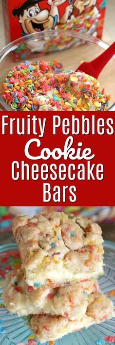 fruity pebbles cookie cheesecake bars with sprinkles