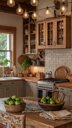 a kitchen filled with lots of wooden furniture