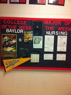 a bulletin board with pictures on it in a school gym room that says college major of the week