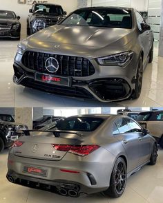 two different views of the front and back of a mercedes car in a showroom