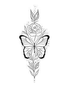 a black and white drawing of a butterfly with flowers on it's back side