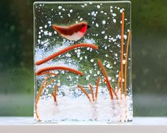 a glass block with a bird sitting on it's side and snow falling off the ground