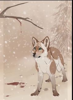 a painting of a fox standing in front of a tree with snow falling on it