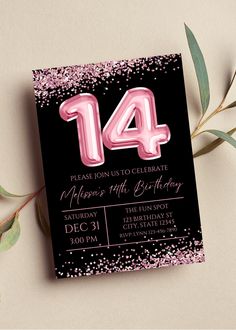 "Editable 14th birthday invitation perfect for your next birthday party or birthday dinner. This pink and black invitation can be edited yourself using Canva. If you choose to print yourself the print size is 5x7 and can be printed on cardstock invitation paper. You can also have the completed file taken to your local print shop and have them print. Can also be saved as an image to use as a text invitation or email invitation. All the wording is editable. Details: pink and black invitation with pink \"14\" balloon design. Please reach out for different age. \"14\" is not editable. HOW IT WORKS: ♥ Once purchased, you will receive pdf instructions. Within the instructions is a link that will take you to Canva.com where you will be able to edit the template. You will be able to edit wording, 14th Birthday Invitations, Birthday Invitation Pink, Email Invitation, Invitation Pink, Black Invitation, 14th Birthday, Birthday Dinner, Balloon Design, Pink Invitations