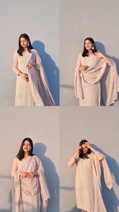 four pictures of a woman in white clothing with her hands on her head and the other hand over her face