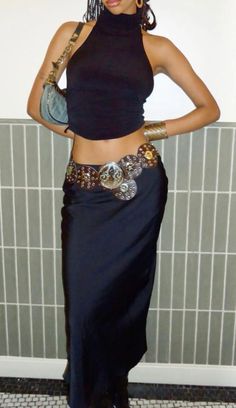 Concho Belt Outfit Aesthetic, Chunky Western Belt, Retro Rodeo Fashion, Brunch Looks Black Women, Sade Summer Outfits, The Marias Concert Outfit, Circle Belt Outfit, Brunch Outfit Aesthetic, Cowl Neck Top Outfit