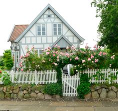 a white picket fence with pink roses growing on it and a house in the background