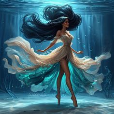 a woman with long hair standing under water