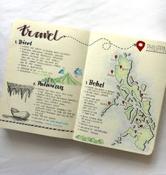 an open travel book with illustrated maps on the pages and destinations to different parts of the world