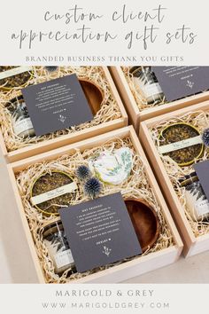 four wooden boxes filled with different types of items in them and the text reads, custom client appreciation gift sets branded business thank you