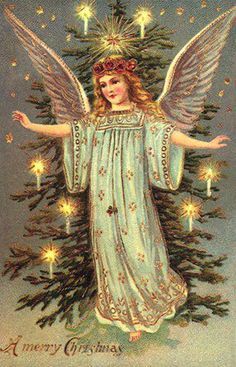 an angel standing in front of a christmas tree with stars on its head and arms