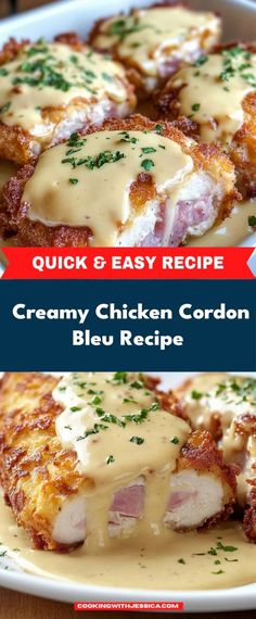 chicken cordon bleu recipe on a plate with gravy and parsley