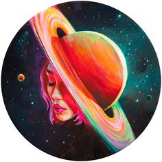 a painting of a woman's face with saturn in the background