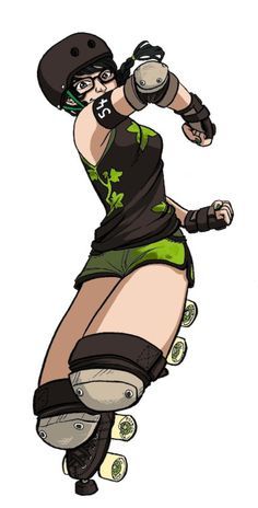 a drawing of a female rollerblader in green and black gear with her hands on her hips