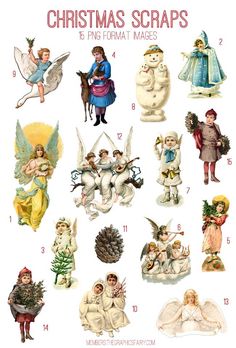 an old fashioned christmas scraps poster with angels and other holiday related items on it