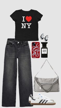 i love new york t - shirt, jeans, and adidas shoes are featured in this image