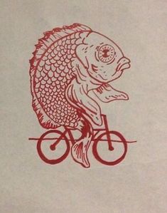 a fish riding a bicycle with the word'fish on it'in red ink