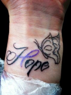 a wrist tattoo with the word hope written on it