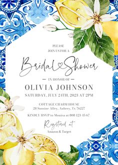 Italian Blue Tile Lemon Bridal Shower Invitation Template Mediterranean Bridal Shower Invitations Positano Blue Tile Hens Party Invite M2 Lemon Invitations, Watercolor Bridal Shower Invitations, Hens Party Invitations, Invitation Etiquette, 1 Birthday, Mediterranean Blue