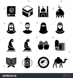 islamic icons set in black and white on a white background, including the person's head