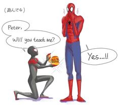 a spider man is eating a sandwich while another person looks at him in the mirror