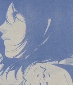 a blue and white drawing of a woman's head with long hair in profile