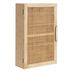 a wooden cabinet with woven panels on the front and bottom, against a white background