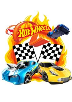 the hot wheels logo is shown with two racing cars in front of fire and flames