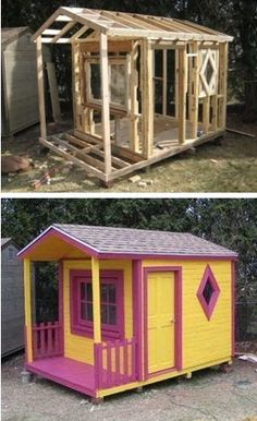 two pictures side by side one has a shed and the other has a chicken coop