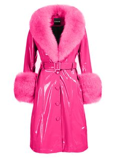 Color: Fuchsia Patent Leather Faux Fur Collar Material: Sheepskin Fully Lined Belt Included Lining: Polyester Single Breasted Sample Size: S Delicate dry clean Protect accessory before washing Made-to-order (MTO) style Please allow additional 3-5 days for MTO order to be processed Style № ZC_NYC23_Patent Leather Coat w/ Fox Fur In Fuchsia Styled with Z' Diamante Detail Over The Knee Boot Pink Fur Coat, Dream Fashion, Outfits Petite, Pink Fur, Current Fashion, 2022 Trends, Wool Blend Jacket, Color Fuchsia, Outfits 2022