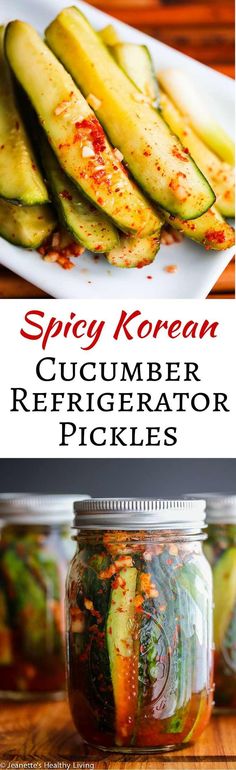 spicy korean cucumber refrigerator pickles in jars with text overlay