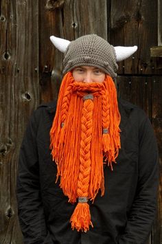 Viking Hat with Beard Teen or Adult SizeCustom Made to Order Crochet Bearded Hat Viking Hats, Viking Horn, Party Face Masks