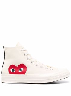 ivory/red canvas signature red heart print logo patch to the side round toe front lace-up fastening branded insole flat rubber sole When buying this unisex item, keep in mind that it is graded in standard men's sizing. These shoes are from a unique collaboration between Comme Des Garçons Play and Converse. Converse Chuck 70 White, Chuck 70 White, Comme Des Garcons Play Converse, Converse Chuck 70 High Top, Play X Converse, Tenis Converse, Play Converse, Chuck Taylor 70, Play Comme Des Garcons