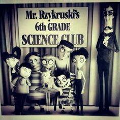 an advertisement for the 6th grade science club with cartoon characters and their teacher's name